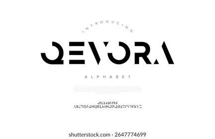 Uma fonte em maiúsculas abstrata e elegante com formas recortadas, perfeita para logotipos, tecnologia e marcas