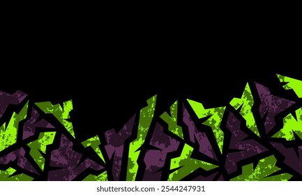 Fundo abstrato com formas irregulares em verde e roxo em um fundo preto com efeito grunge.