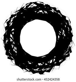 Abstract edgy circular shape, element isolated on white. Random geometric lines forming a circle. Rough, textured illustration.