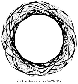 Abstract edgy circular shape, element isolated on white. Random geometric lines forming a circle. Rough, textured illustration.