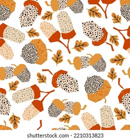Abstract Edgy Fall Acorns with Small Oak Leaves Vector Seamless Pattern