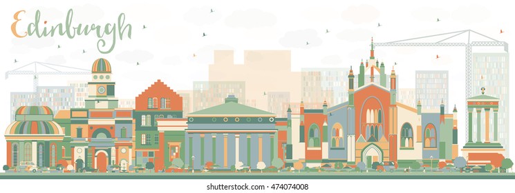 Abstract Edinburgh Skyline with Color Buildings. Vector Illustration. Business Travel and Tourism Concept with Historic Buildings. Image for Presentation Banner Placard and Web Site.