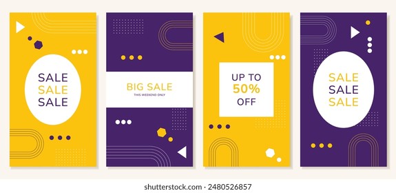 Abstract editable templates, banners for social media posts in yellow and purple. Background for discounts and promotions. Vector