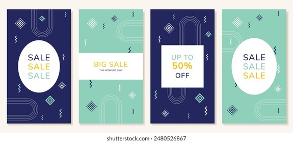 Abstract editable templates, banners for social media posts in blue and green tones. Backgrounds for discounts and promotions. Vector