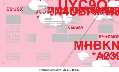 Abstract editorial typography collage with bold red alphanumeric characters, geometric blocks, halftone textures and contemporary graphic design elements on a pastel pink background