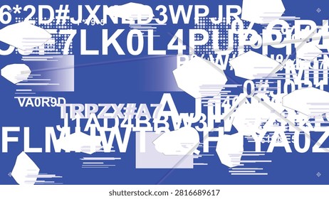 Abstract editorial typography collage with oversized white alphanumeric characters, geometric blocks, layered paper elements and modern blue graphic composition