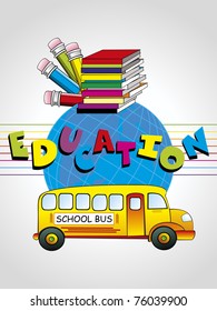 abstract education background with colorful notebook, pencil and school van