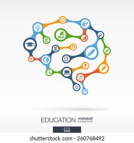 Abstract education background with connected metaball and integrated circles. Brain concept for elearning, learning, knowledge, graduation, learn and web design. Vector interactive illustration.