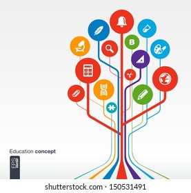 Abstract education background with lines, circles and icons. Growth tree concept with bell, school, science, calc, geography, biology, pencil and microscope icon. Vector illustration.