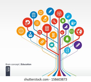 Abstract Education Background With Lines And Circles. . Brain Concept With Science, History, Bell, School, Calc, Geography, Biology, Pencil And Microscope Icon. Vector Infographic Illustration.