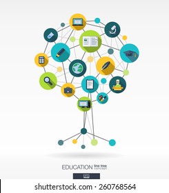 Abstract education background with lines, connected circles and integrated flat icons. Growth tree concept with school, science, geography, biology, microscope icon. Vector interactive illustration.