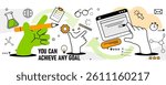 Abstract Education Banner. Background with school supplies, pencil and chemical flask. E learning, studying, gaining knowledge on online course or webinar. Outline doodle vector illustration