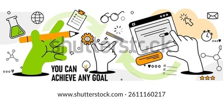 Abstract Education Banner. Background with school supplies, pencil and chemical flask. E learning, studying, gaining knowledge on online course or webinar. Outline doodle vector illustration