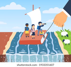 Abstract education concept with diverse multiethnic kids on a book raft with sail floating on a river flowing through green countryside and hand of teach guiding them, flat cartoon vector illustration