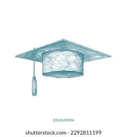 Abstract education concept with low polygonal wireframe graduation hat isolated on white background.