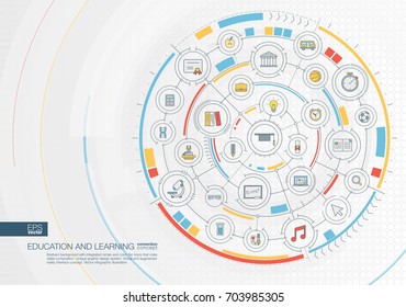 Abstract Education And Learning Background. Digital Connect System With Integrated Circles, Color Flat Icons. Interface Design. Elearning, Graduation, School Concept. Vector Infographic Illustration