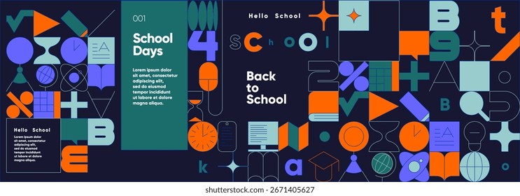 Abstract educational background featuring geometric shapes and symbols in vibrant colors. Perfect for back-to-school themes, educational materials, and creative projects.