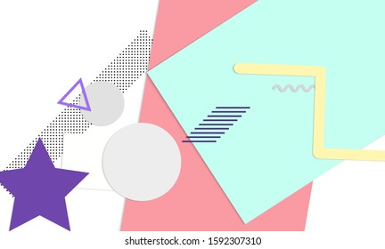 Abstract educational background. Top view of teacher table with paper cut geometric shapes, paper sheets. Elementary school art and craft lesson. Pastel colors. Flat lay vector craft paper style.