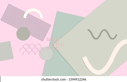 Abstract educational background. Top view of teacher table with paper cut geometric shapes, paper sheets. Elementary school art and craft lesson. Pastel colors. Flat lay vector craft paper style.