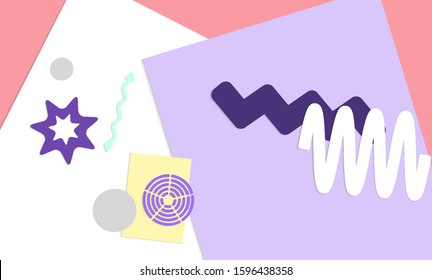 Abstract educational background. Top view of teacher table with paper cut geometric shapes, paper sheets. Elementary school art and craft lesson. Pastel colors. Flat lay vector craft paper style.