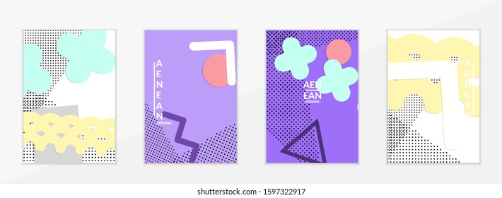 Abstract educational background. Top view of teacher table with paper cut geometric shapes, paper sheets. Elementary school art and craft lesson. Pastel colors. Flat lay vector craft paper style.