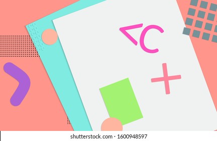 Abstract educational background. Top view of teacher table with paper cut geometric shapes, paper sheets. Elementary school art and craft lesson. Pastel colors. Flat lay vector craft paper style.