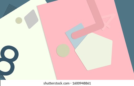 Abstract educational background. Top view of teacher table with paper cut geometric shapes, paper sheets. Elementary school art and craft lesson. Pastel colors. Flat lay vector craft paper style.