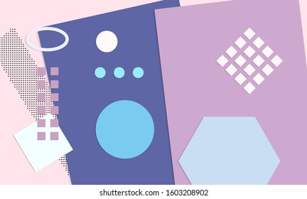 Abstract educational background. Top view of teacher table with paper cut geometric shapes, paper sheets. Elementary school art and craft lesson. Pastel colors. Flat lay vector craft paper style.