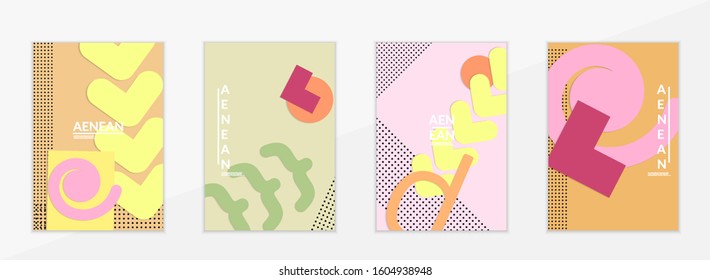 Abstract educational background. Top view of teacher table with paper cut geometric shapes, paper sheets. Elementary school art and craft lesson. Pastel colors. Flat lay vector craft paper style.