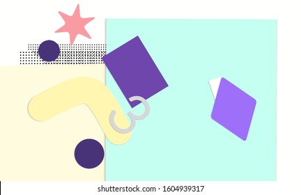 Abstract educational background. Top view of teacher table with paper cut geometric shapes, paper sheets. Elementary school art and craft lesson. Pastel colors. Flat lay vector craft paper style.