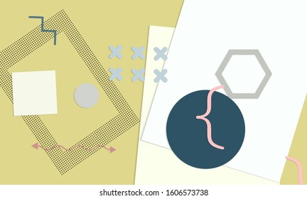 Abstract educational background. Top view of teacher table with paper cut geometric shapes, paper sheets. Elementary school art and craft lesson. Pastel colors. Flat lay vector craft paper style.