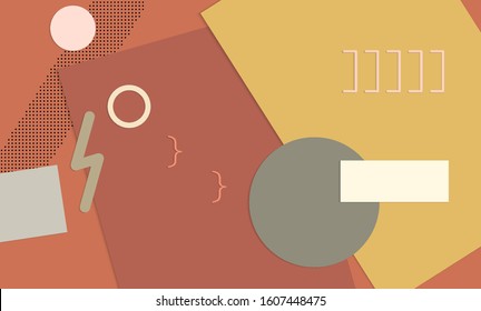 Abstract educational background. Top view of teacher table with paper cut geometric shapes, paper sheets. Elementary school art and craft lesson. Pastel colors. Flat lay vector craft paper style.