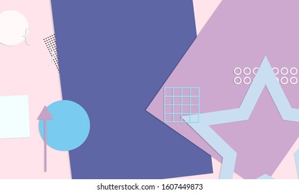 Abstract educational background. Top view of teacher table with paper cut geometric shapes, paper sheets. Elementary school art and craft lesson. Pastel colors. Flat lay vector craft paper style.
