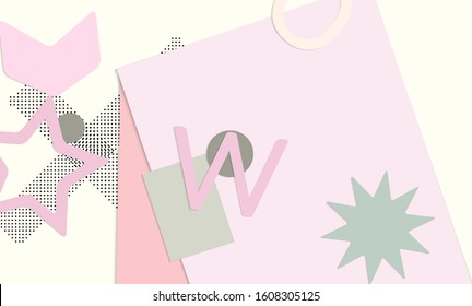 Abstract educational background. Top view of teacher table with paper cut geometric shapes, paper sheets. Elementary school art and craft lesson. Pastel colors. Flat lay vector craft paper style.