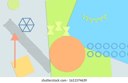 Abstract educational background. Top view of teacher table with paper cut geometric shapes, paper sheets. Elementary school art and craft lesson. Pastel colors. Flat lay vector craft paper style.