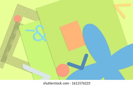 Abstract educational background. Top view of teacher table with paper cut geometric shapes, paper sheets. Elementary school art and craft lesson. Pastel colors. Flat lay vector craft paper style.