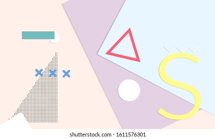 Abstract educational background. Top view of teacher table with paper cut geometric shapes, paper sheets. Elementary school art and craft lesson. Pastel colors. Flat lay vector craft paper style.
