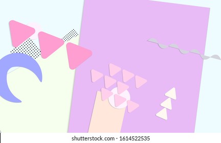 Abstract educational background. Top view of teacher table with paper cut geometric shapes, paper sheets. Elementary school art and craft lesson. Pastel colors. Flat lay vector craft paper style.