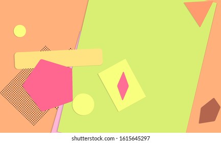 Abstract educational background. Top view of teacher table with paper cut geometric shapes, paper sheets. Elementary school art and craft lesson. Pastel colors. Flat lay vector craft paper style.
