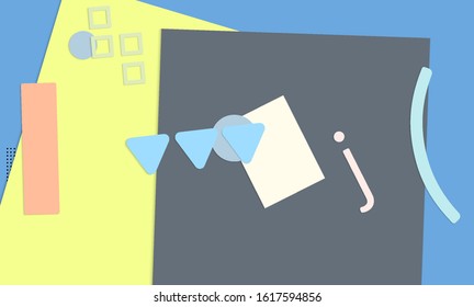 Abstract educational background. Top view of teacher table with paper cut geometric shapes, paper sheets. Elementary school art and craft lesson. Pastel colors. Flat lay vector craft paper style.