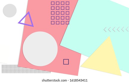Abstract educational background. Top view of teacher table with paper cut geometric shapes, paper sheets. Elementary school art and craft lesson. Pastel colors. Flat lay vector craft paper style.
