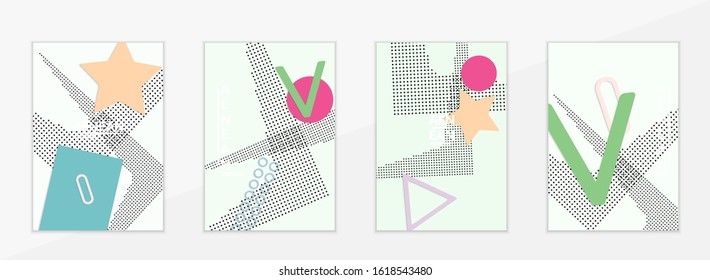 Abstract educational background. Top view of teacher table with paper cut geometric shapes, paper sheets. Elementary school art and craft lesson. Pastel colors. Flat lay vector craft paper style.