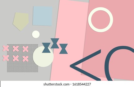 Abstract educational background. Top view of teacher table with paper cut geometric shapes, paper sheets. Elementary school art and craft lesson. Pastel colors. Flat lay vector craft paper style.