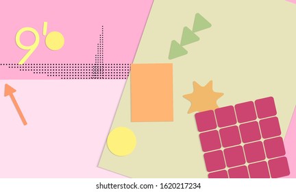 Abstract educational background. Top view of teacher table with paper cut geometric shapes, paper sheets. Elementary school art and craft lesson. Pastel colors. Flat lay vector craft paper style.