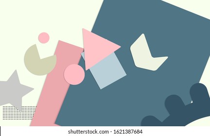Abstract educational background. Top view of teacher table with paper cut geometric shapes, paper sheets. Elementary school art and craft lesson. Pastel colors. Flat lay vector craft paper style.