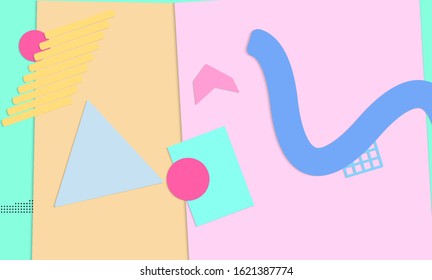 Abstract educational background. Top view of teacher table with paper cut geometric shapes, paper sheets. Elementary school art and craft lesson. Pastel colors. Flat lay vector craft paper style.