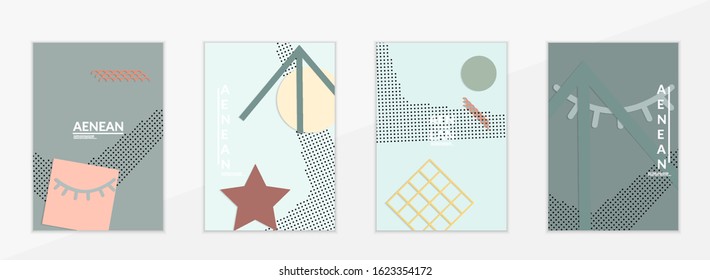 Abstract educational background. Top view of teacher table with paper cut geometric shapes, paper sheets. Elementary school art and craft lesson. Pastel colors. Flat lay vector craft paper style.