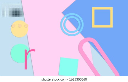 Abstract educational background. Top view of teacher table with paper cut geometric shapes, paper sheets. Elementary school art and craft lesson. Pastel colors. Flat lay vector craft paper style.