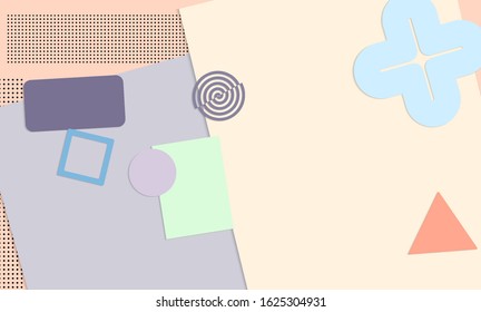 Abstract educational background. Top view of teacher table with paper cut geometric shapes, paper sheets. Elementary school art and craft lesson. Pastel colors. Flat lay vector craft paper style.