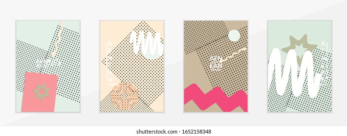 Abstract educational background. Top view of teacher table with paper cut geometric shapes, paper sheets. Elementary school art and craft lesson. Pastel colors. Flat lay vector craft paper style.